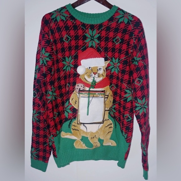 β¨ Ugly Christmas Cat Sweater Mens Festive Plaid Holiday Knit Large β¨ - Picture 2 of 7